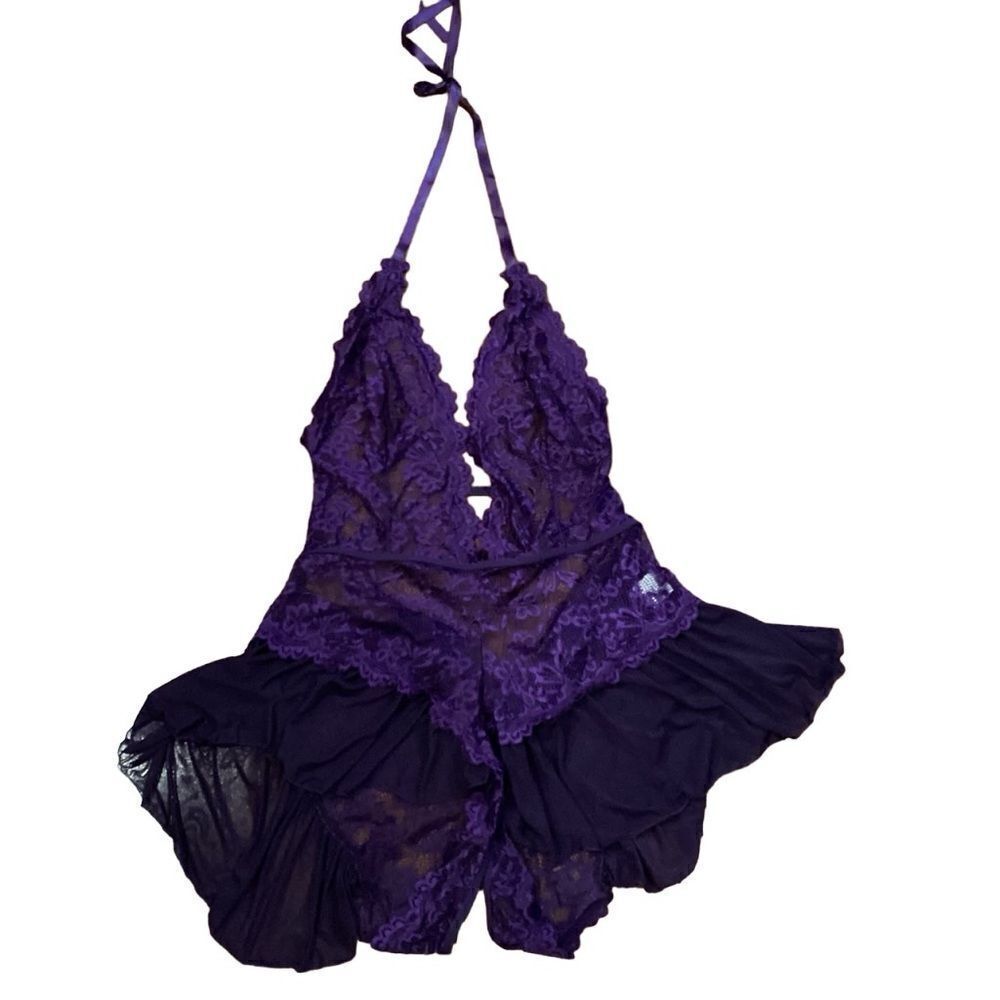 Purple Floral Lace Teddy Lingerie Bodysuit Halter Deep V Neck One Piece Sz 3X - Picture 5 of 8